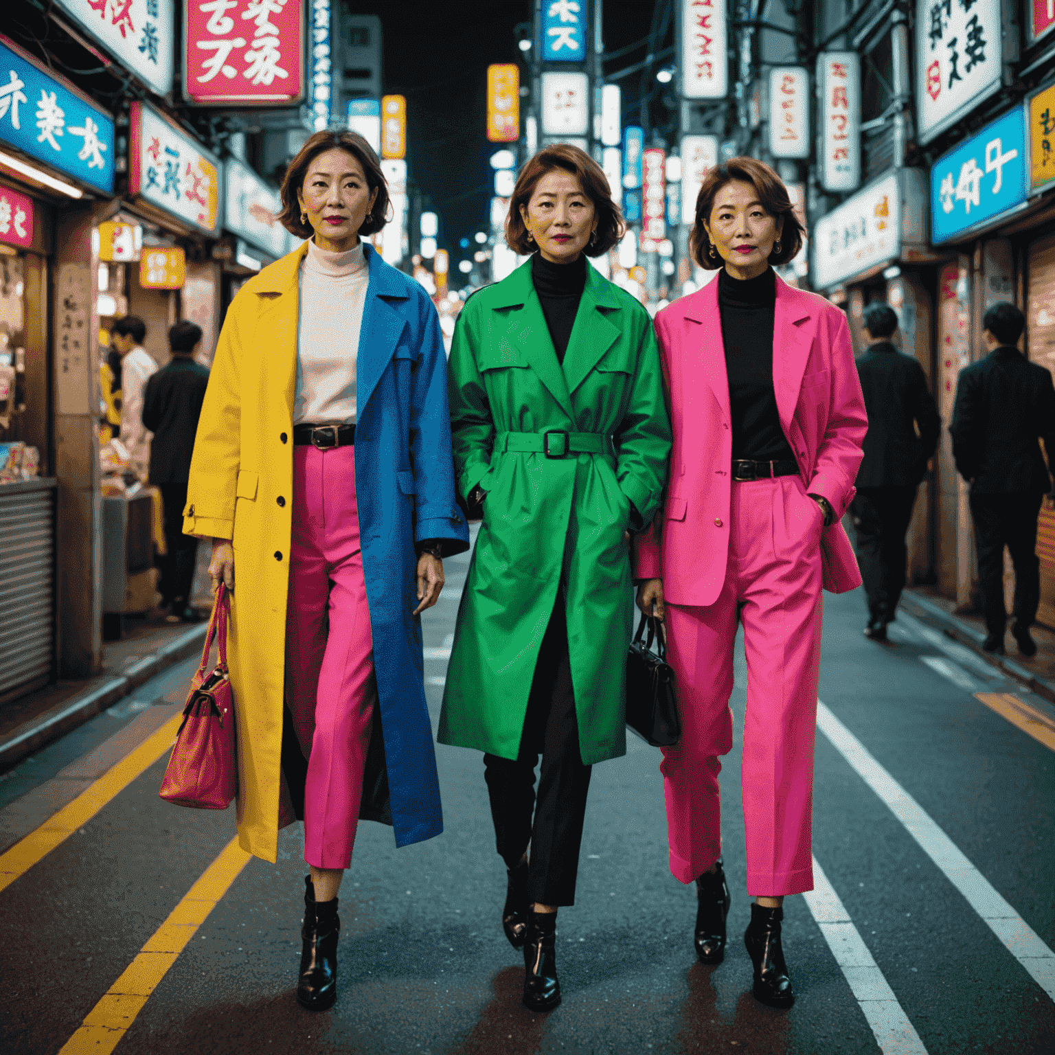 Stylish mature models showcasing vibrant, urban-inspired outfits on a neon-lit Osaka street