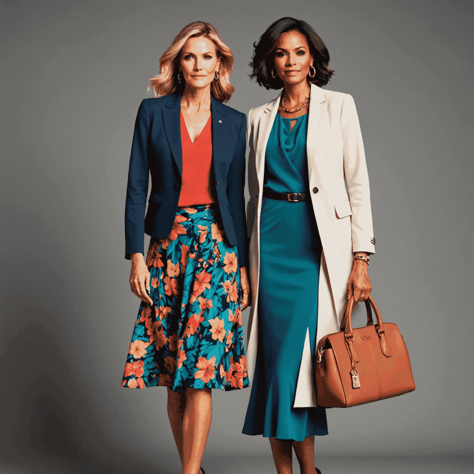 A vibrant display of Exclusori's latest seasonal collection featuring colorful, stylish outfits for the 50+ demographic. The image showcases a mix of comfortable yet trendy pieces like flowy dresses, tailored jackets, and statement accessories, all arranged in an eye-catching, urban-inspired layout.