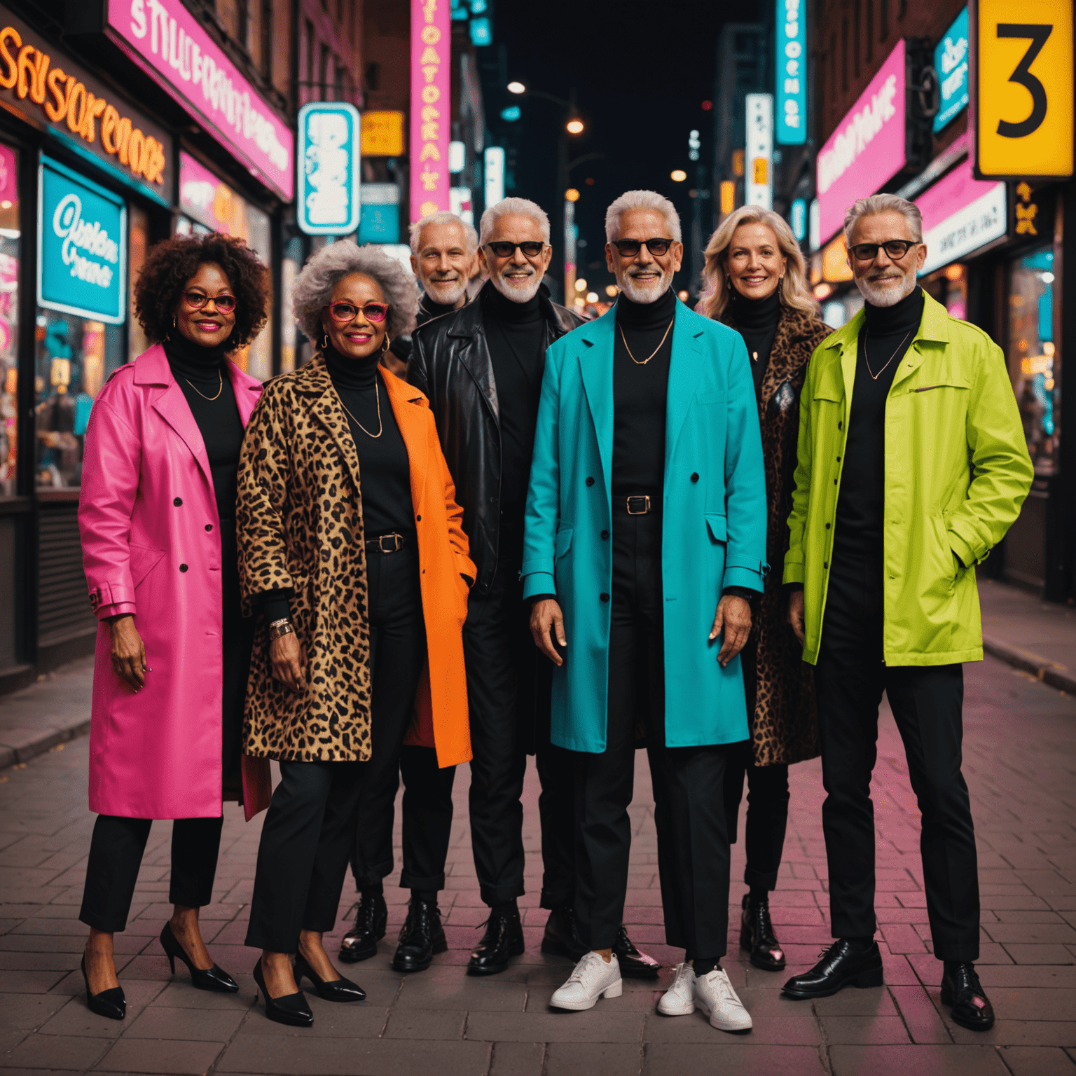 Stylish group of diverse people over 50 wearing vibrant, trendy outfits against an urban backdrop with neon signs