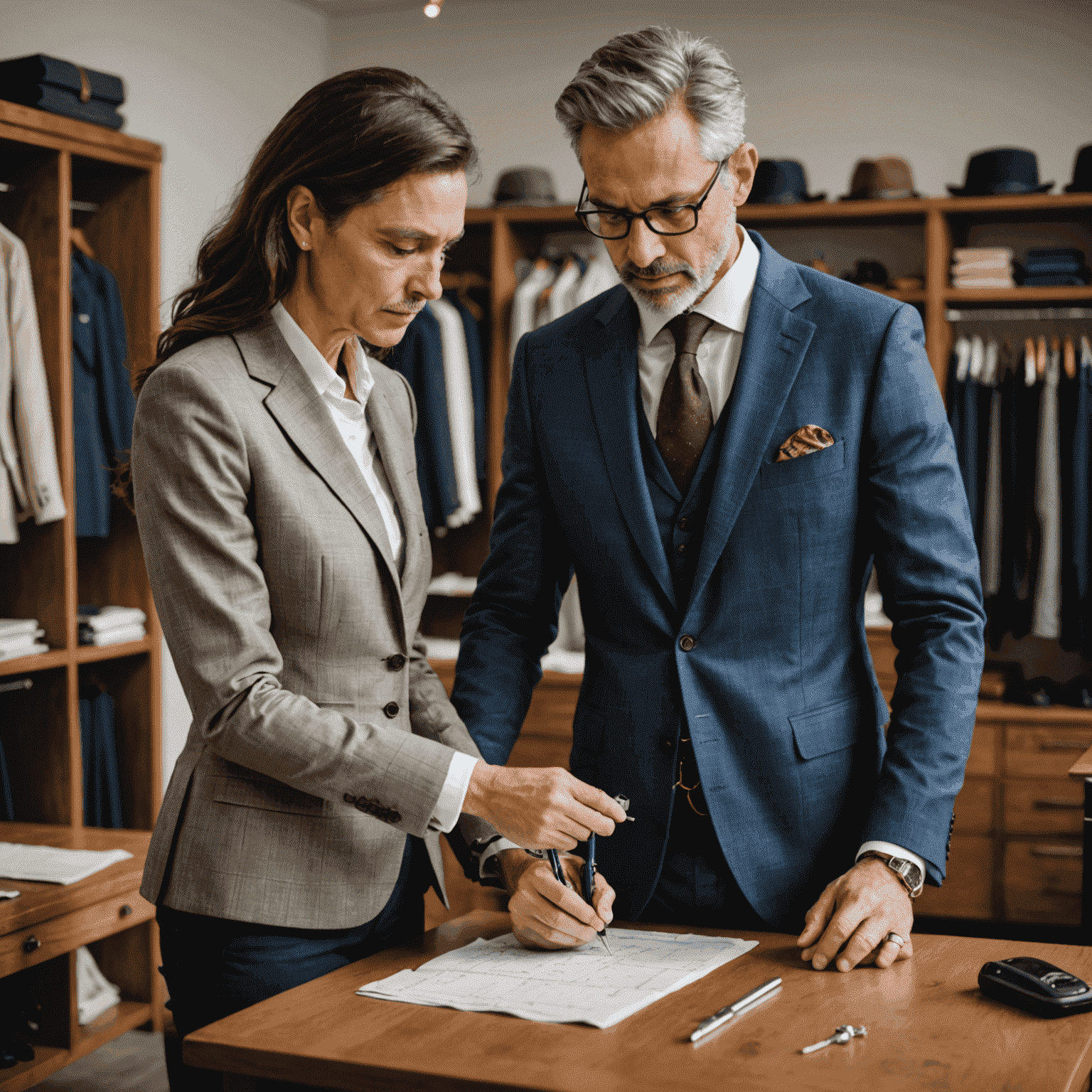 Tailor measuring a mature client for custom alterations, ensuring a perfect fit for a stylish blazer