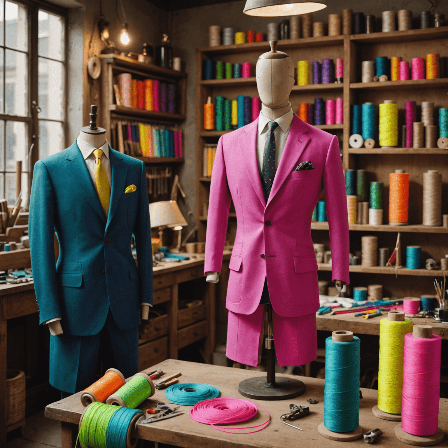 A vibrant tailor's workshop with neon-colored thread spools, measuring tapes, and a mannequin dressed in a stylish outfit suitable for mature clientele. The scene is energetic and inviting.