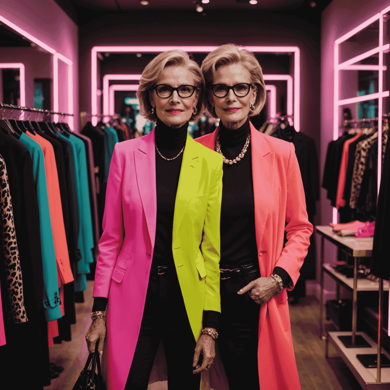 A stylish woman over 50 trying on a chic outfit with the help of a personal stylist in a vibrant, neon-lit boutique setting