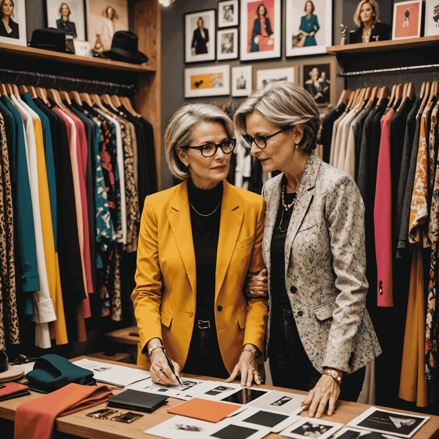 A stylish woman in her 50s consulting with a fashion expert. They are surrounded by vibrant clothing options and a mood board with trendy designs.