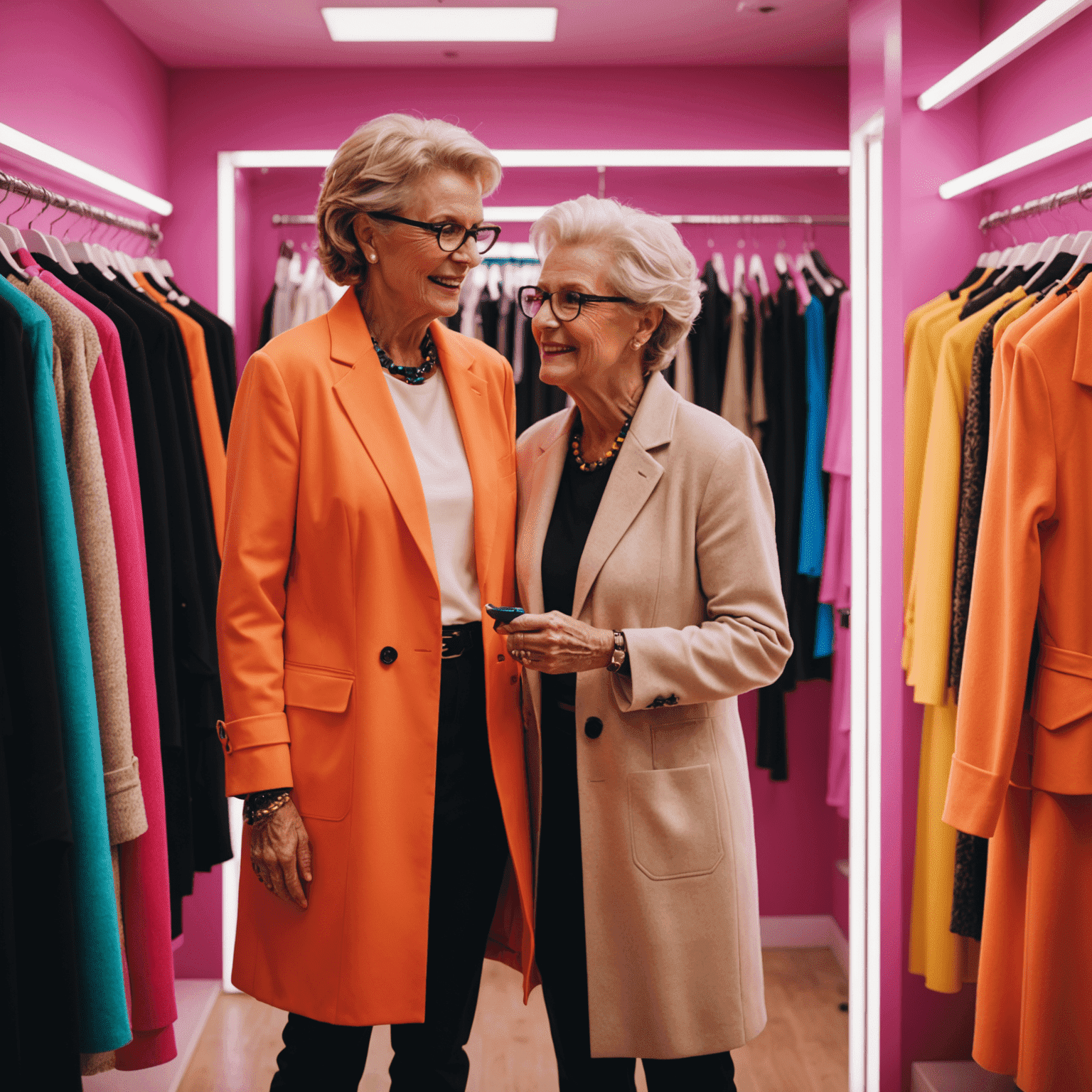 Senior woman trying on a comfortable, stylish outfit with the help of a fashion consultant in a vibrant, neon-lit fitting room