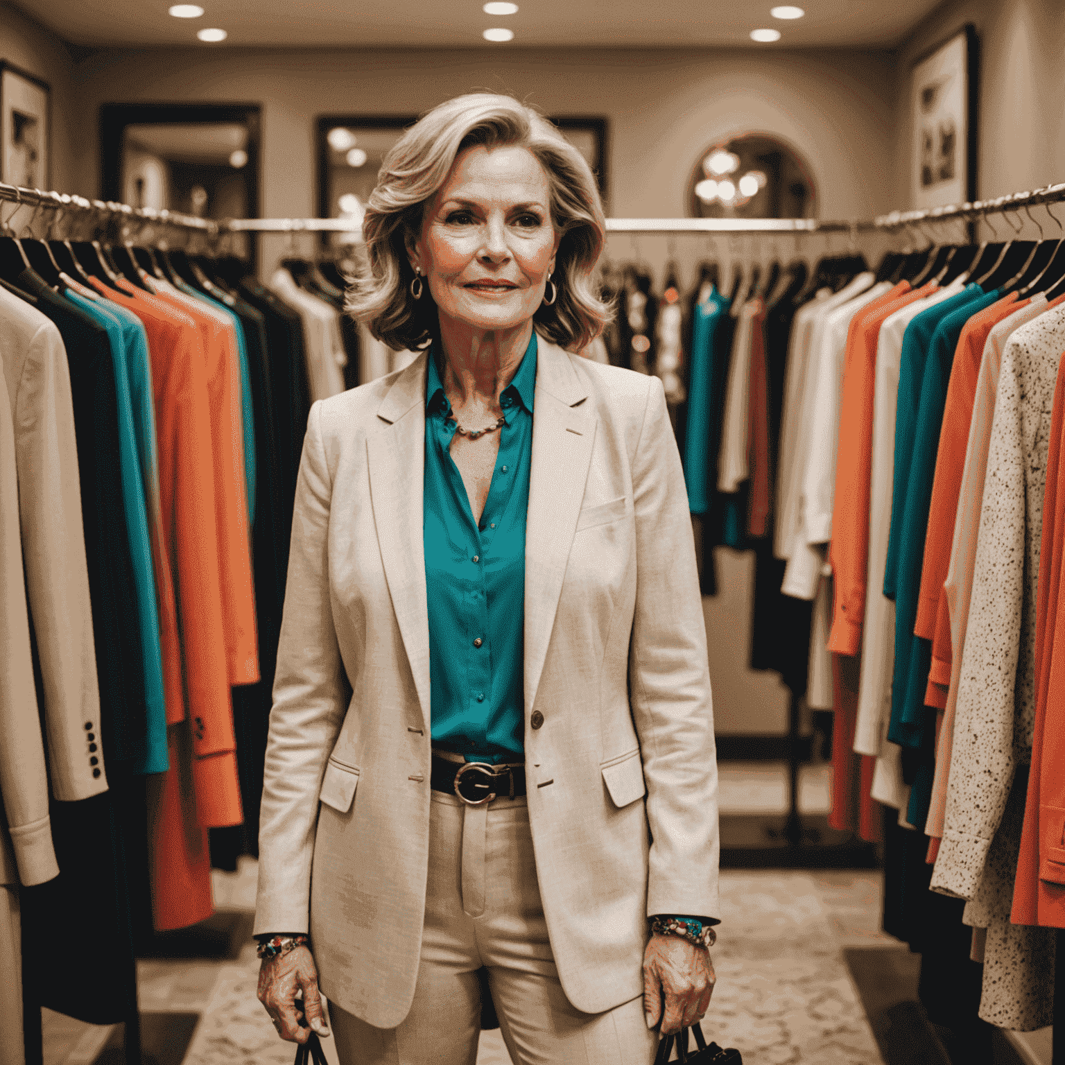 A stylish mature woman trying on a vibrant, modern outfit in a chic boutique setting. The image showcases a mix of classic and trendy pieces, emphasizing the concept of wardrobe refresh for the 50+ demographic.