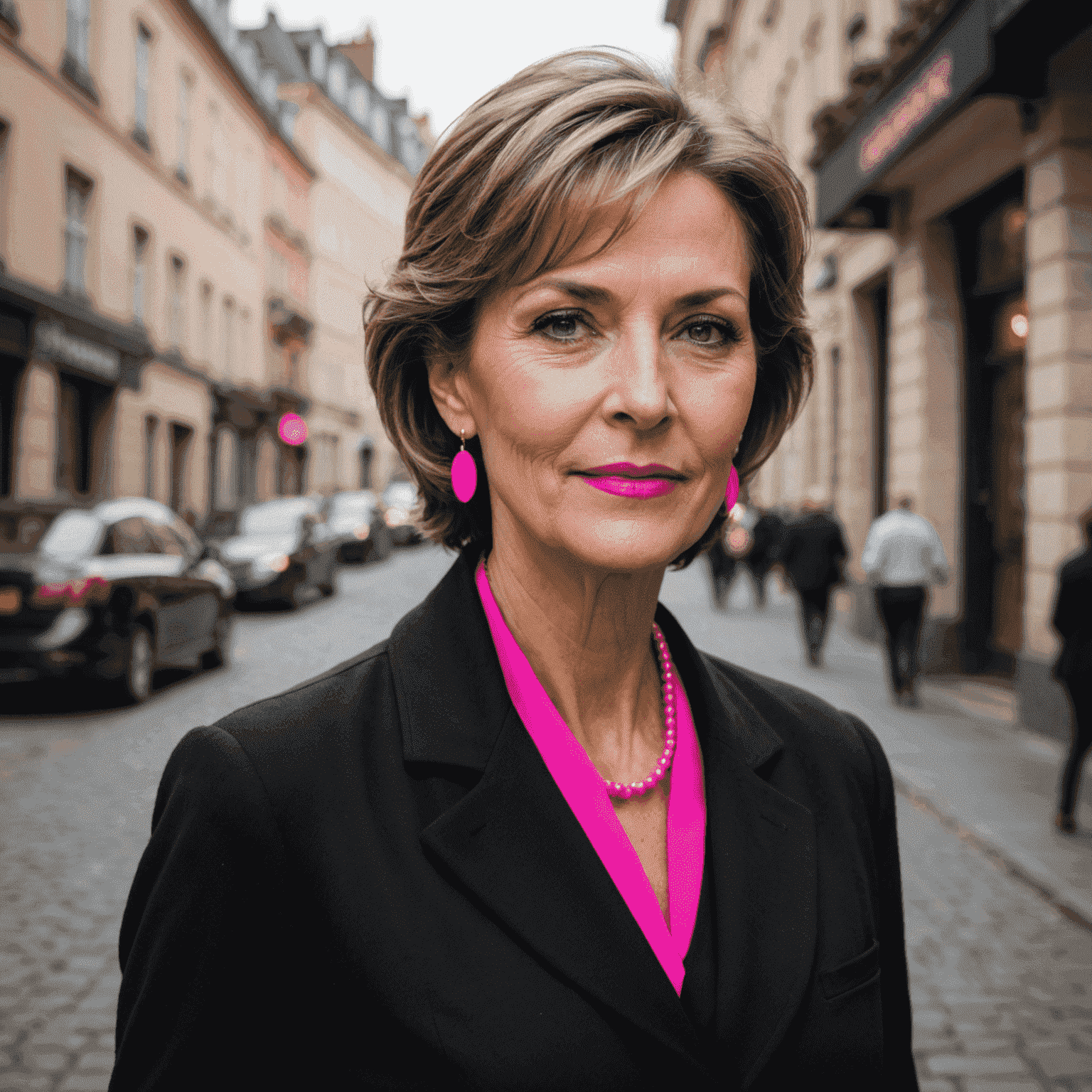 Close-up of a elegant woman in her 50s wearing a classic black outfit with neon pink accessories