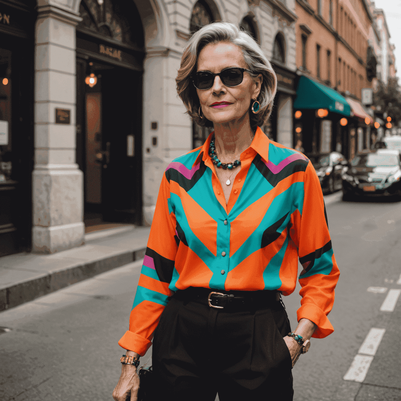 A stylish mature woman wearing a vibrant, neon-inspired blouse paired with sleek, dark trousers. She's accessorized with bold, geometric jewelry, embodying confidence and urban chic.