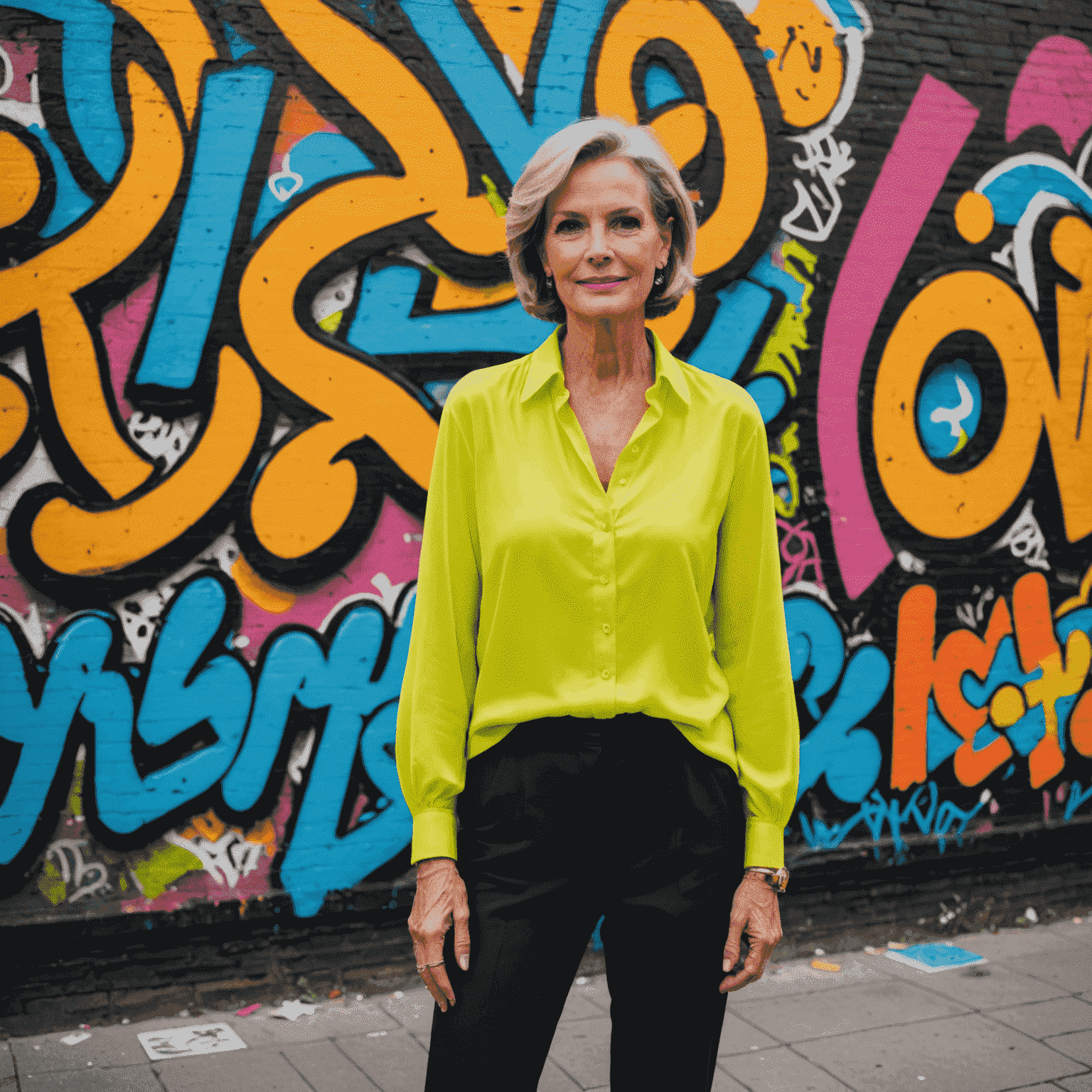 Woman over 50 confidently wearing a bright neon yellow blouse paired with sleek black trousers, standing in front of a colorful graffiti wall