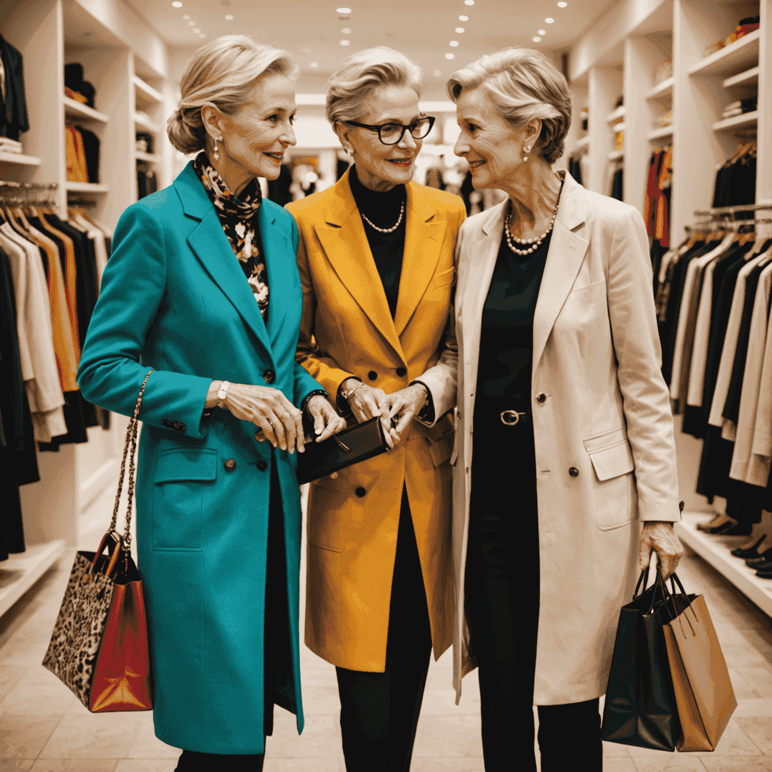 Stylish personal shopper assisting an elegant older woman in selecting vibrant, trendy outfits