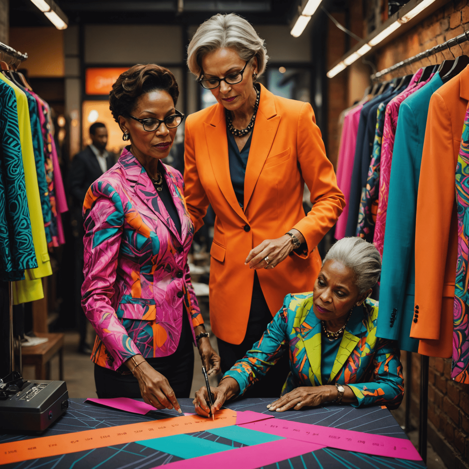 A tailor measuring a stylish mature woman wearing a vibrant, neon-accented outfit. The background is filled with dynamic urban patterns.