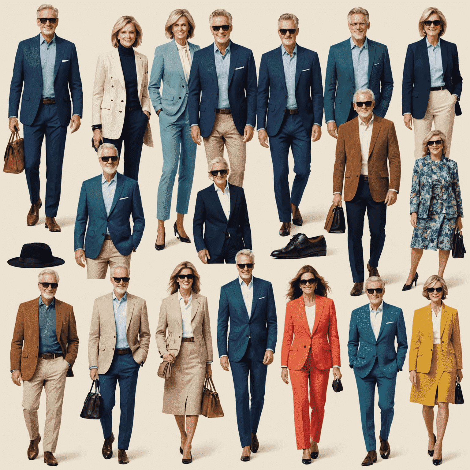 A collage of stylish outfits for men and women over 50, showcasing various occasions from casual to formal wear, all in vibrant, trendy colors.