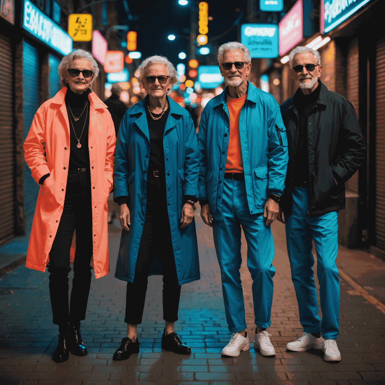 A group of stylish seniors modeling comfortable yet fashionable outfits in a neon-lit urban setting