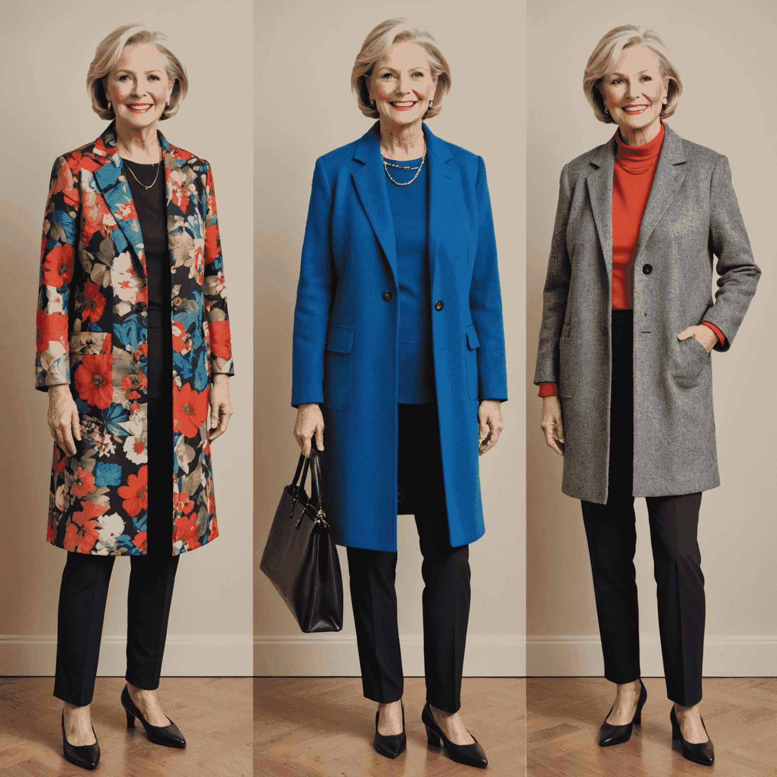 A collage of before and after photos showing the transformation of a mature person's wardrobe. The 'after' images display a more vibrant, stylish, and confident look while maintaining age-appropriateness.