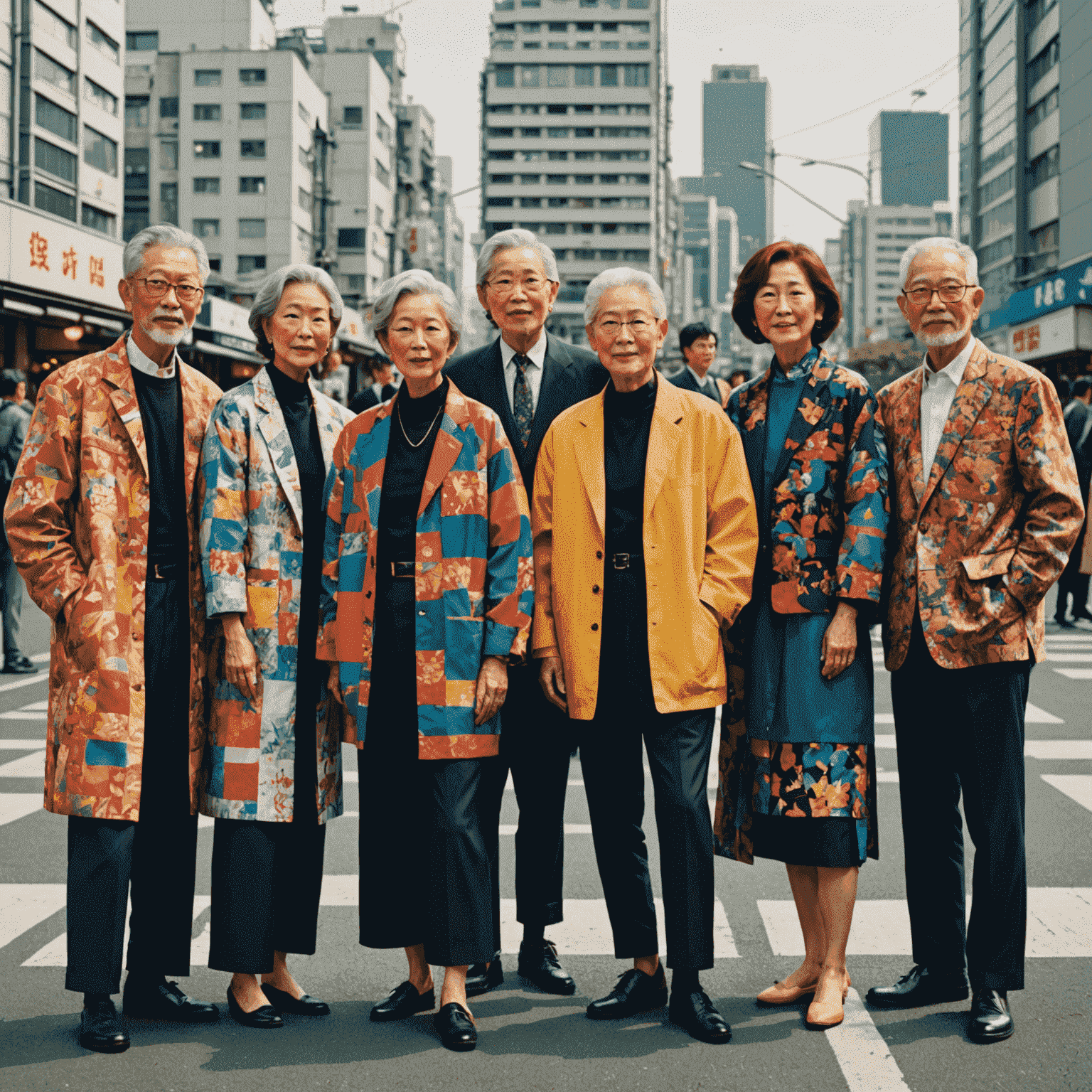 A group of diverse 50+ models wearing clothes with various vibrant patterns against an urban Osaka backdrop