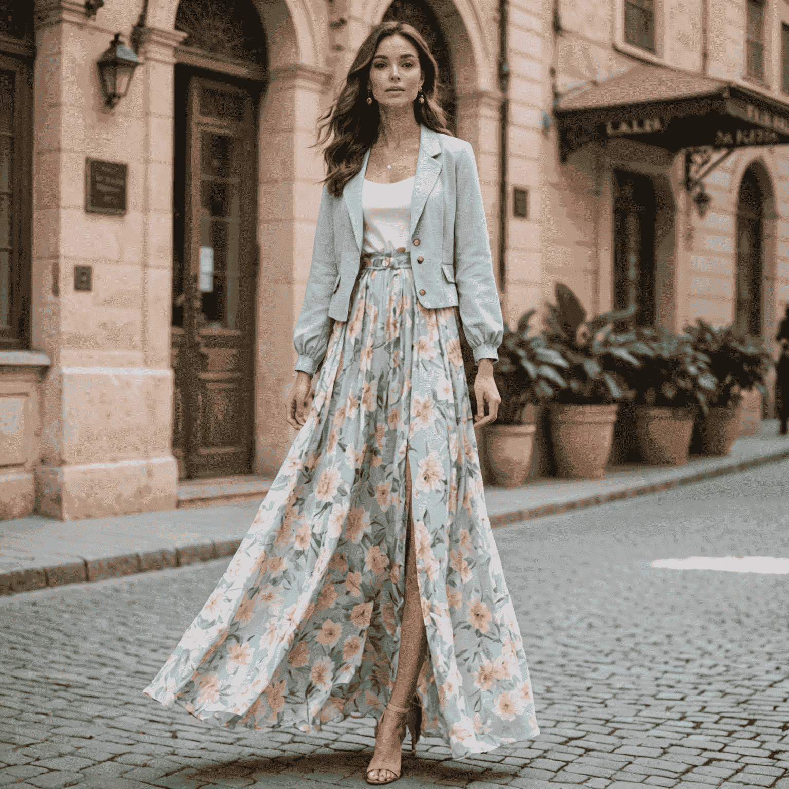 An elegant ensemble featuring a flowy, pastel-colored maxi dress with subtle floral patterns. The outfit is completed with a light, matching jacket, perfect for a sophisticated summer look.