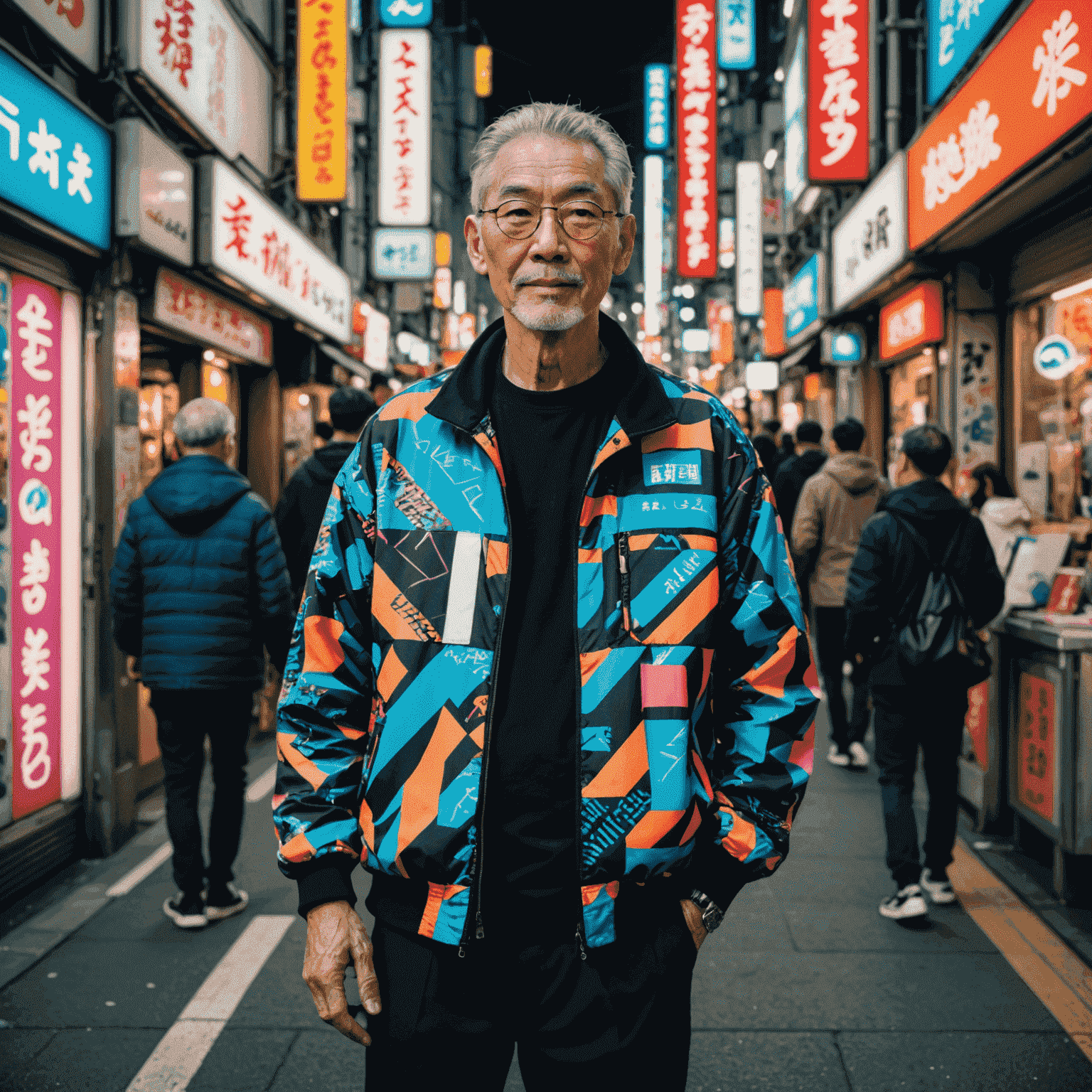 Fashionable man in his 60s wearing trendy streetwear with dynamic patterns, posing confidently on a busy Osaka street with neon signs in the background