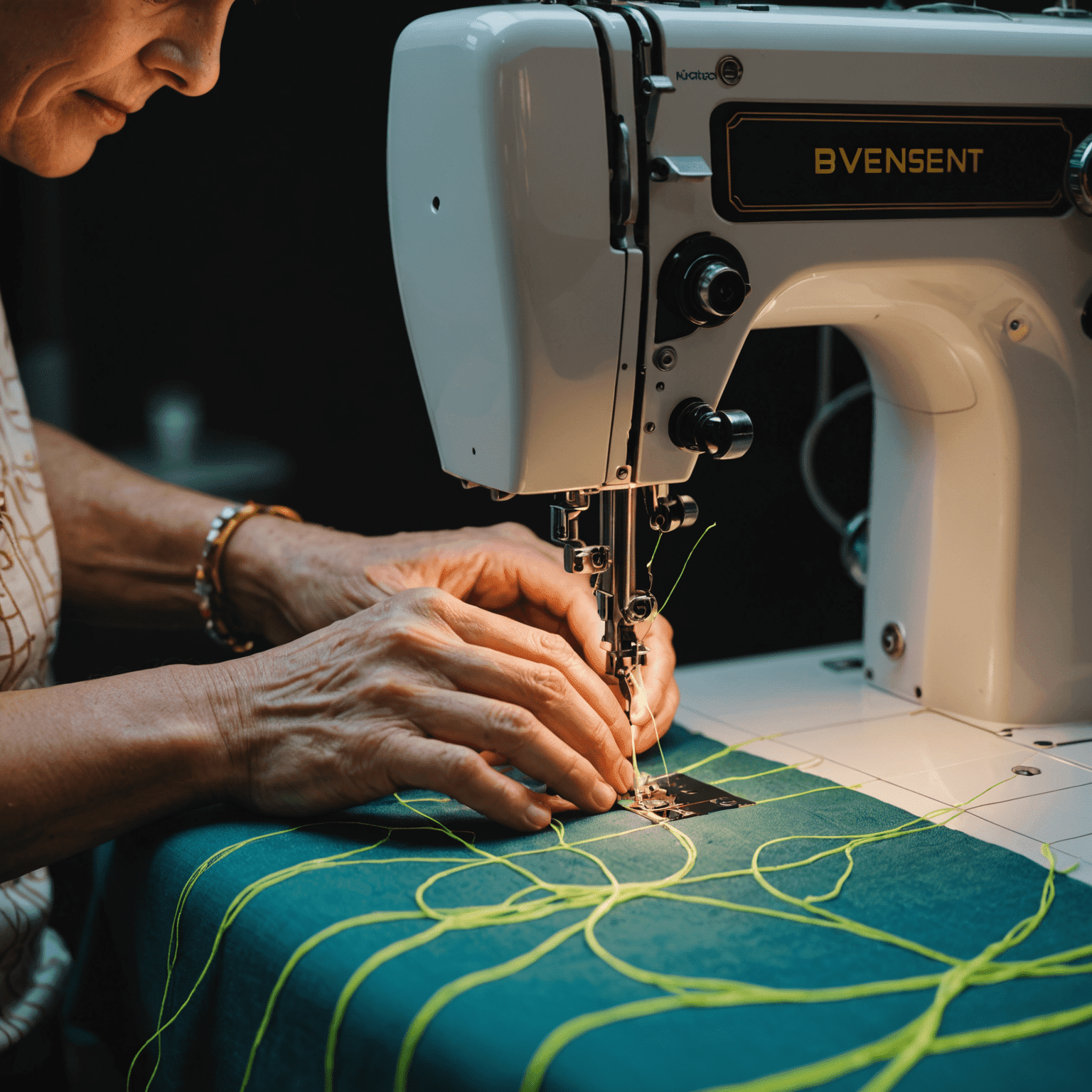 Close-up of hands working on a sewing machine with neon thread, creating intricate patterns on a garment suitable for mature clientele.