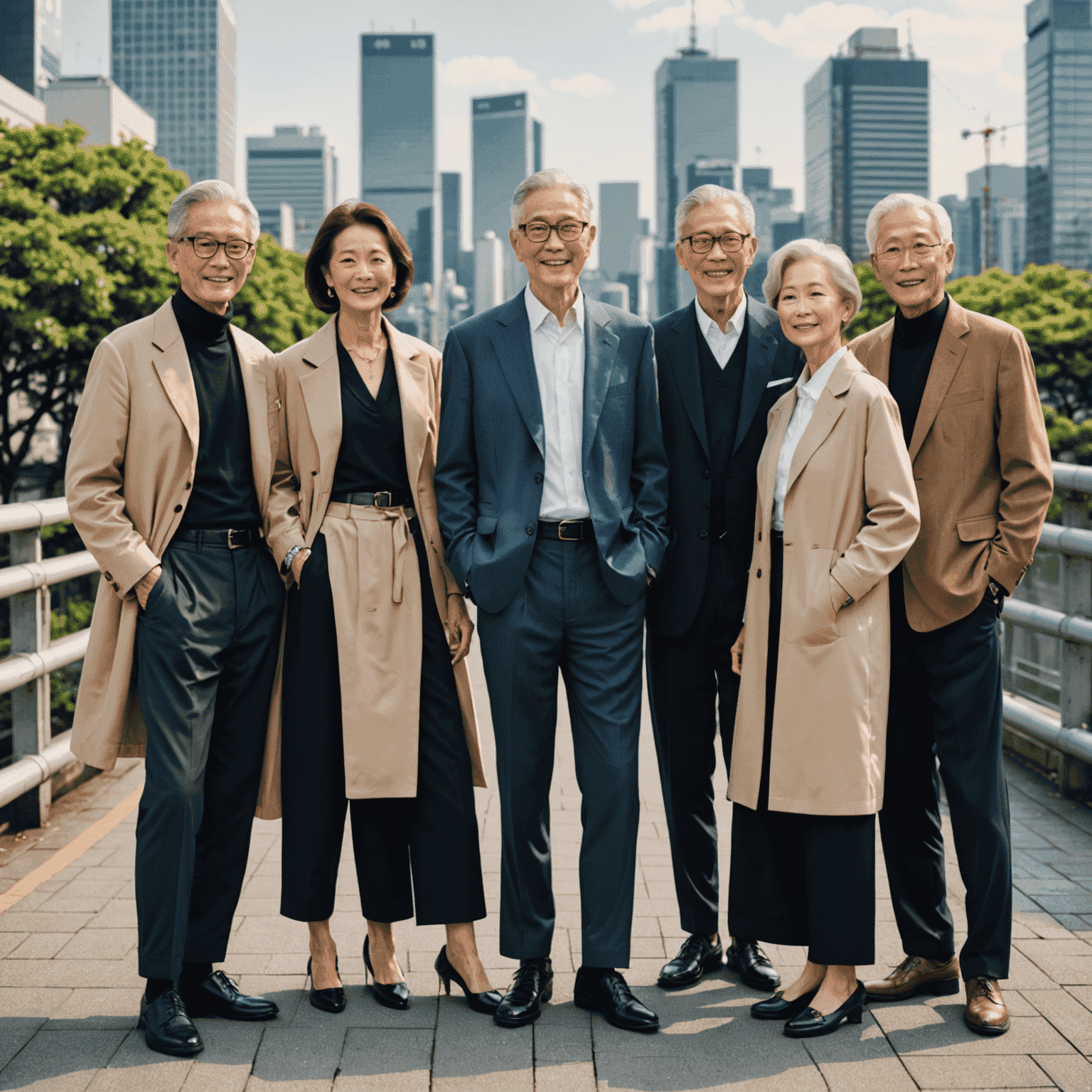 A diverse group of senior models showcasing various comfortable and stylish outfits from Exclusori, set against a backdrop of Osaka's vibrant cityscape