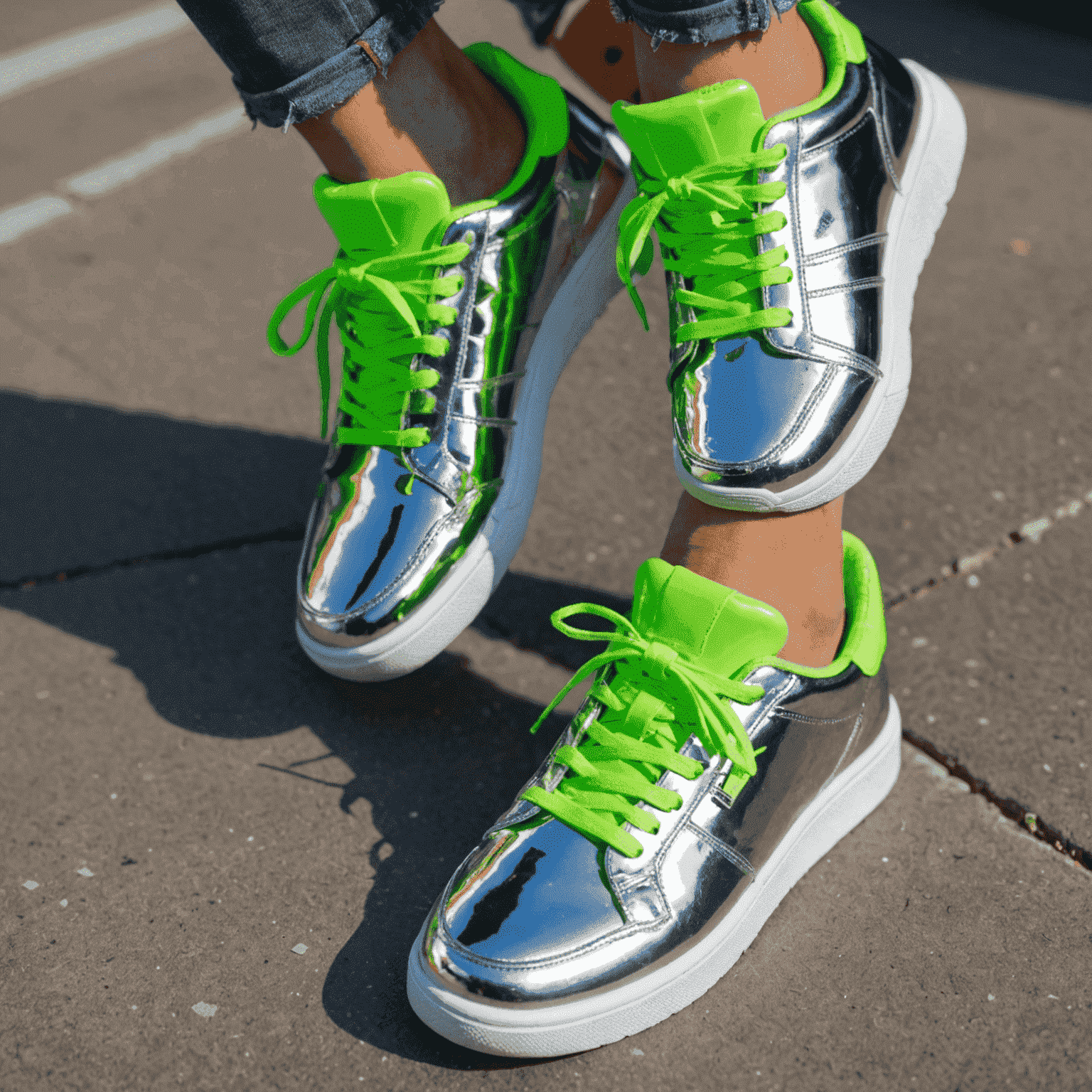 Close-up of feet wearing trendy, comfortable sneakers in metallic silver and neon green colors