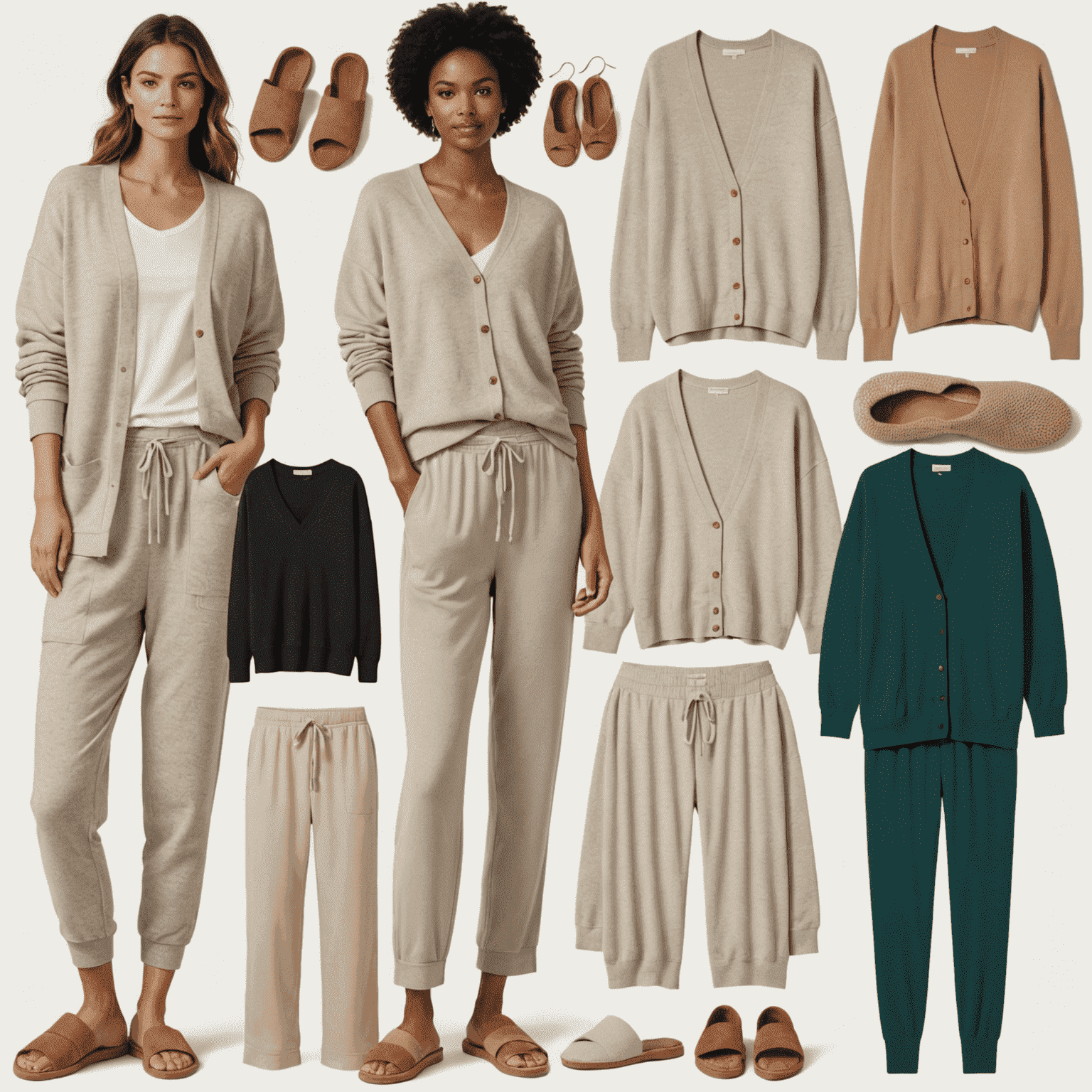 A collage of comfortable yet stylish loungewear pieces including soft, stretchy pants, oversized cardigans, and cozy slippers, all in soothing, neutral tones with pops of vibrant color.