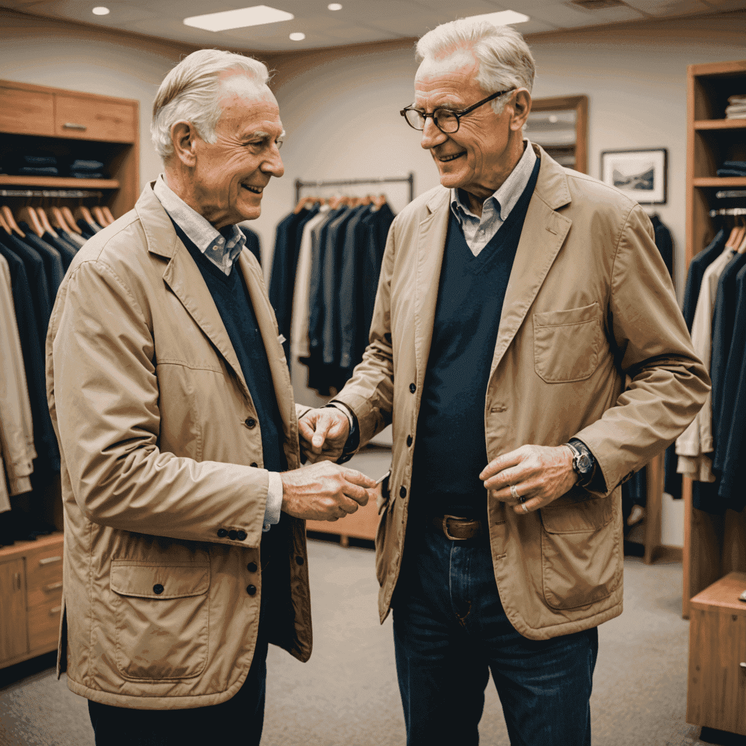 Comfort specialist helping an older gentleman try on a stylish yet comfortable jacket, emphasizing ease of movement