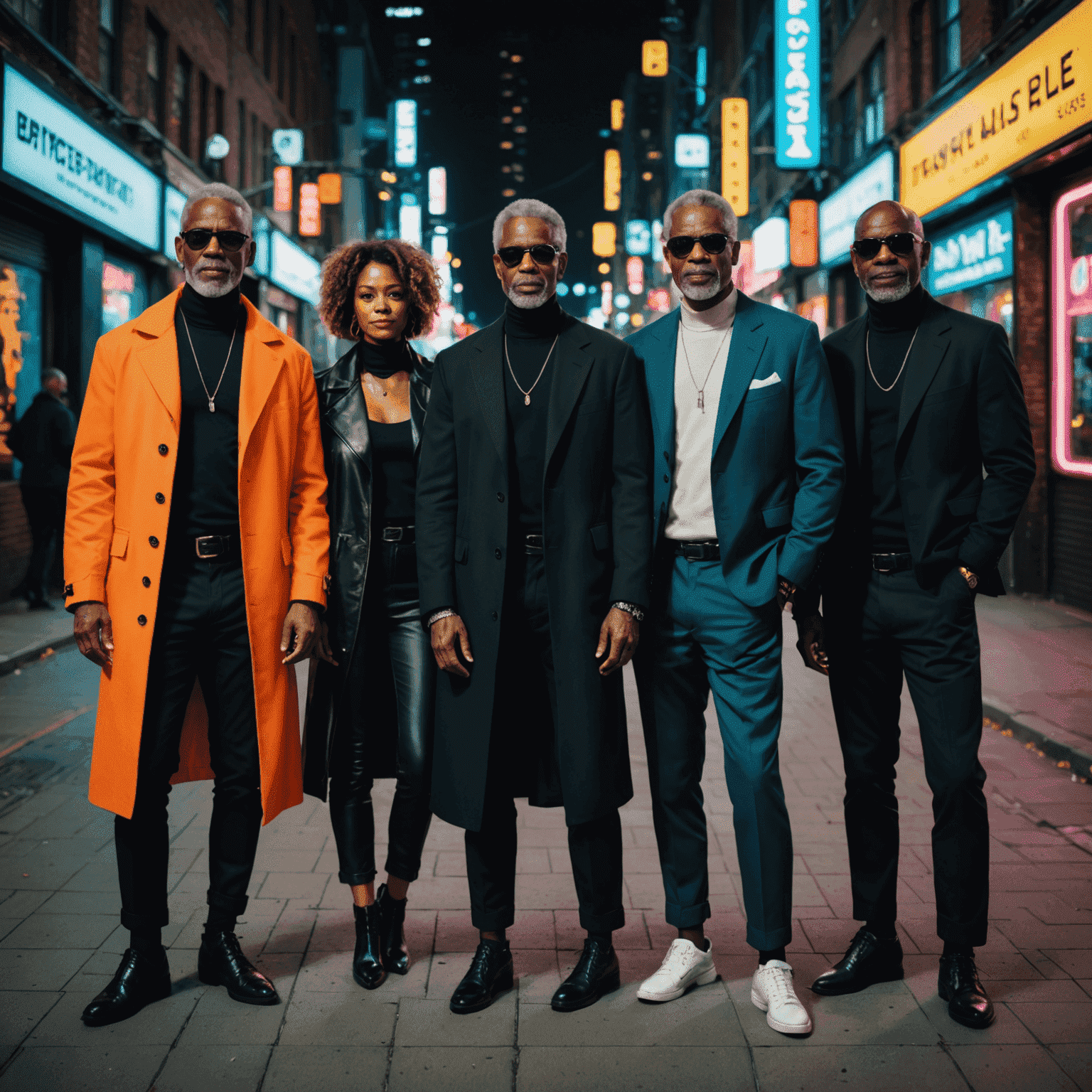 A group of diverse, stylish mature individuals showcasing their perfectly fitted, altered clothes in an urban setting with neon lights.