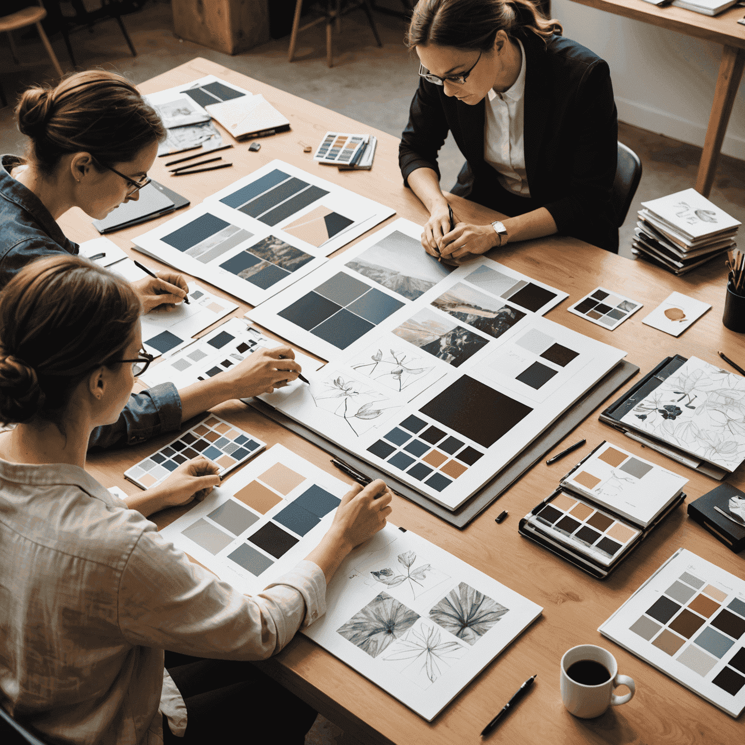 A behind-the-scenes image of Exclusori's design team at work, showcasing diverse team members collaborating on mood boards, fabric swatches, and sketches for the new collection.