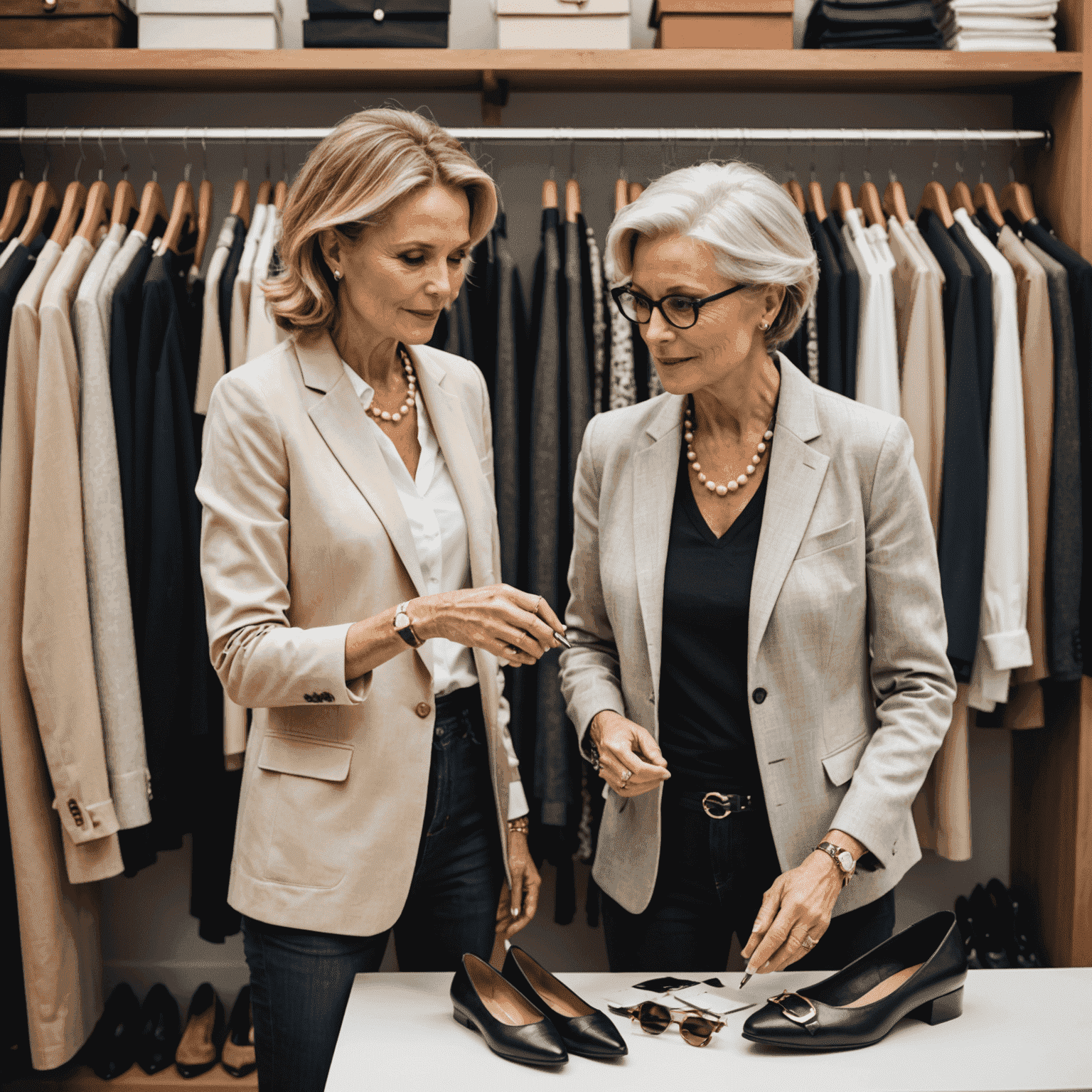 Fashion expert reviewing and updating a mature client's wardrobe with new, age-appropriate yet trendy pieces